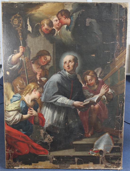 19th century Italian School Bishop Saint with attendants, 53 x 38in., unframed